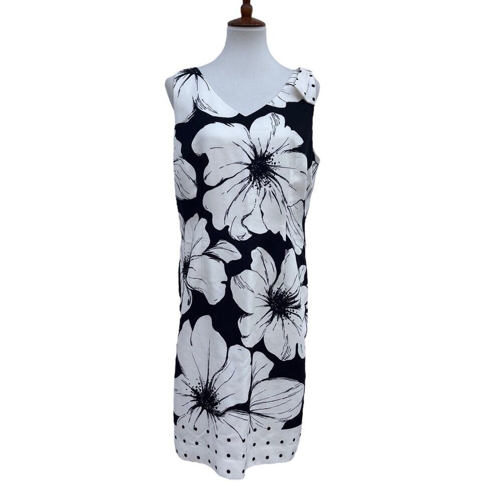Talbots Dress Bow Detail Floral Shift V-Neck Sleeveless Black White Size 12